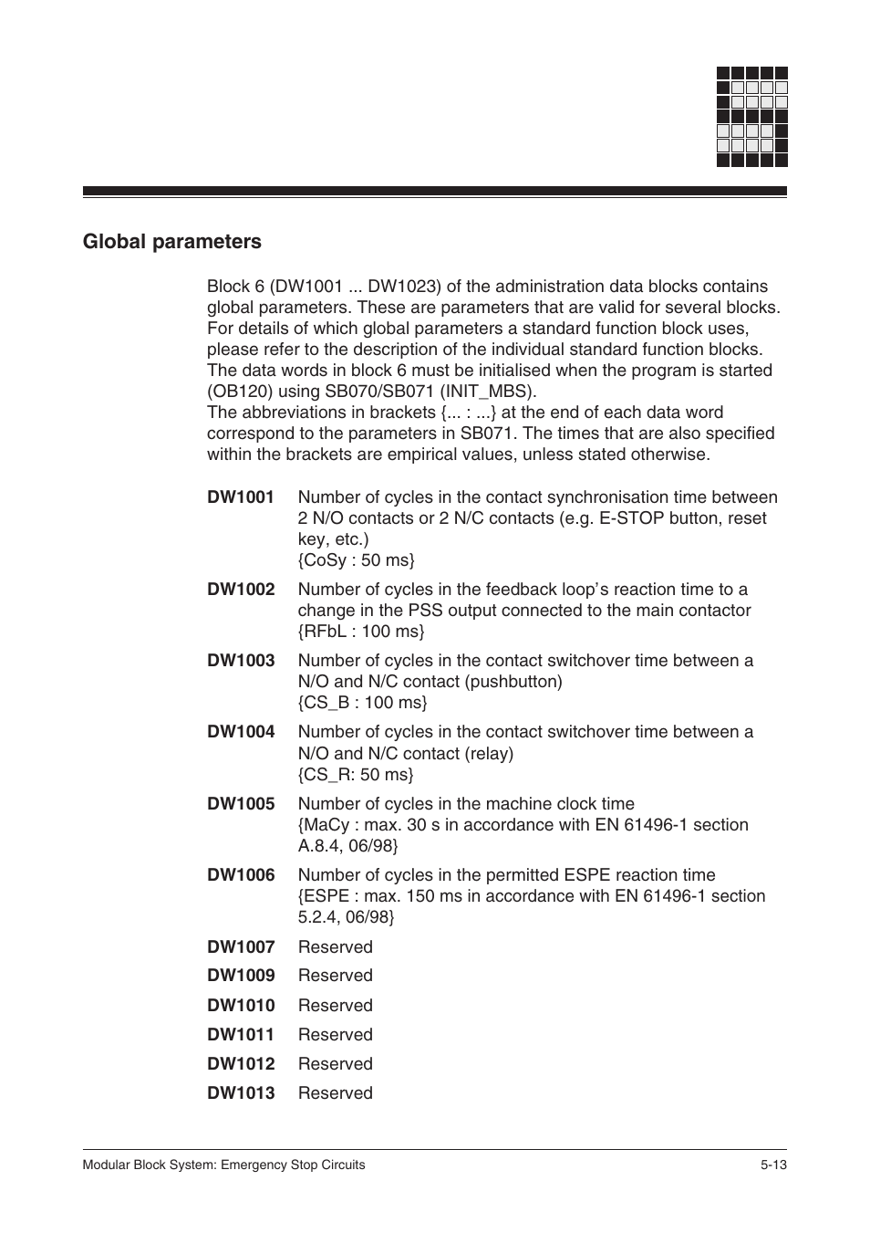 Global parameters | Pilz PSS SB NOT, Basic license User Manual | Page 41 / 112
