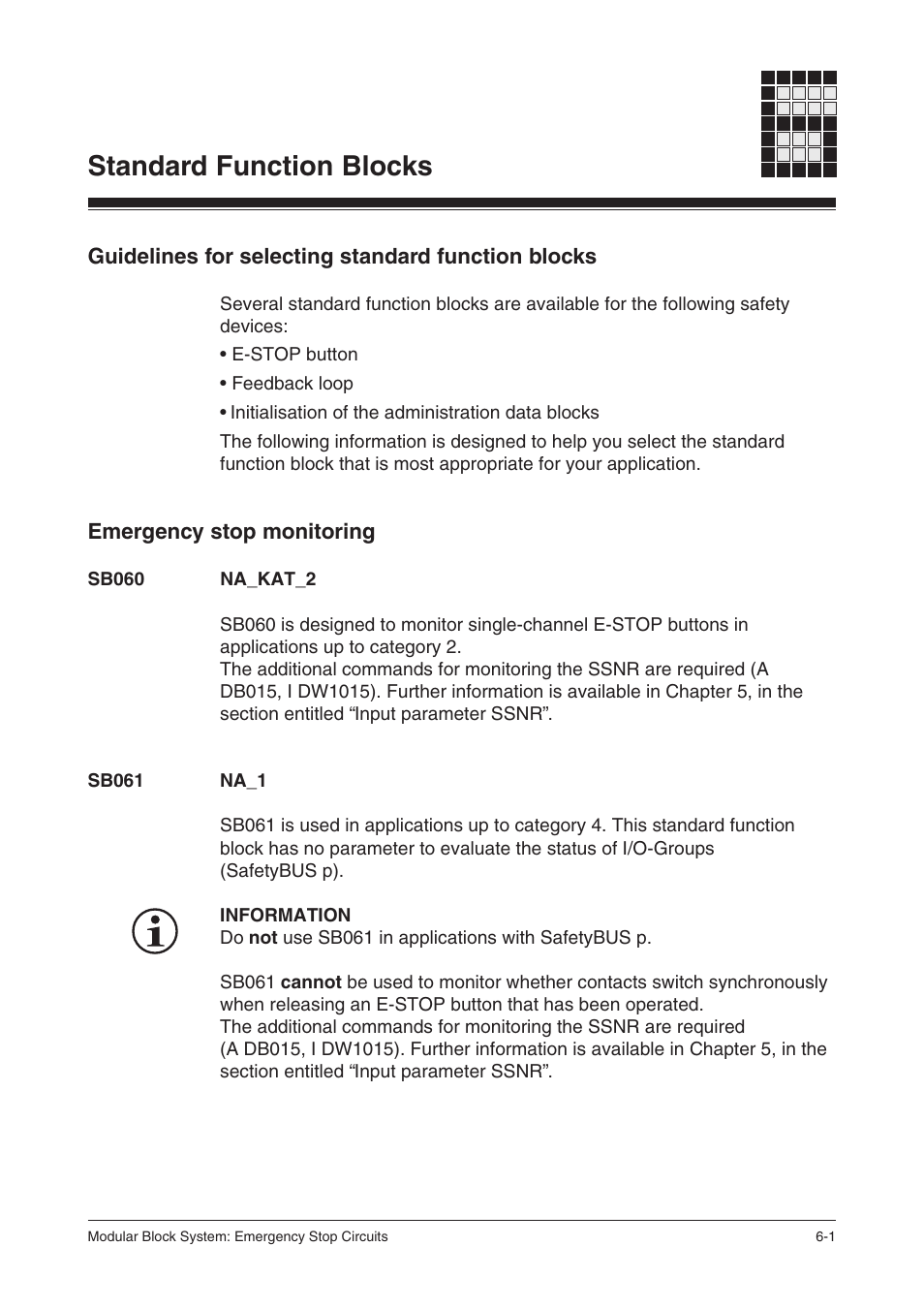Standard function blocks, Guidelines for selecting standard function blocks, Emergency stop monitoring | Sb060 na_kat_2, Sb061 na_1 | Pilz PSS SB NOT, Basic license User Manual | Page 43 / 112
