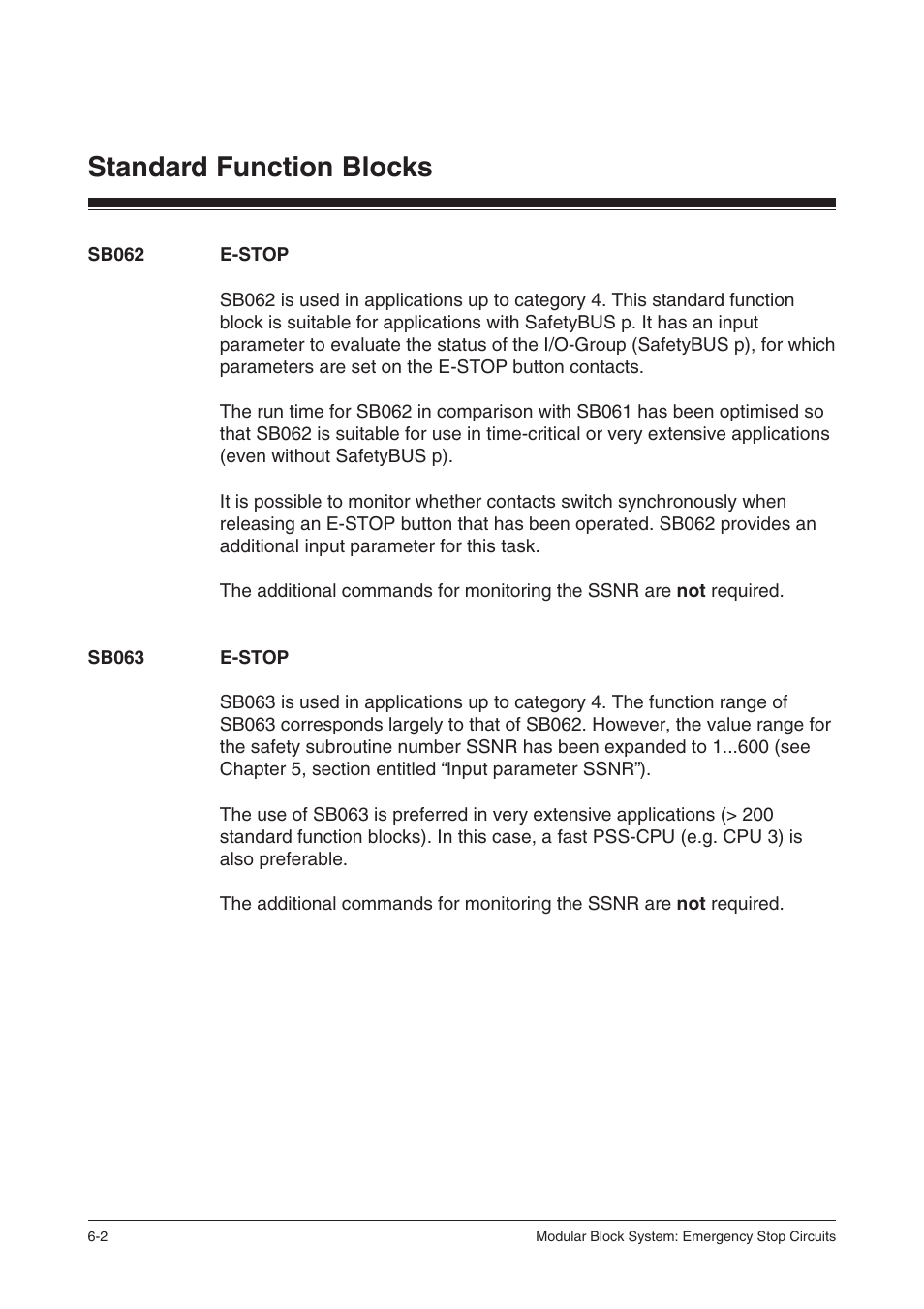 Sb062 e-stop, Sb063 e-stop, Standard function blocks | Pilz PSS SB NOT, Basic license User Manual | Page 44 / 112