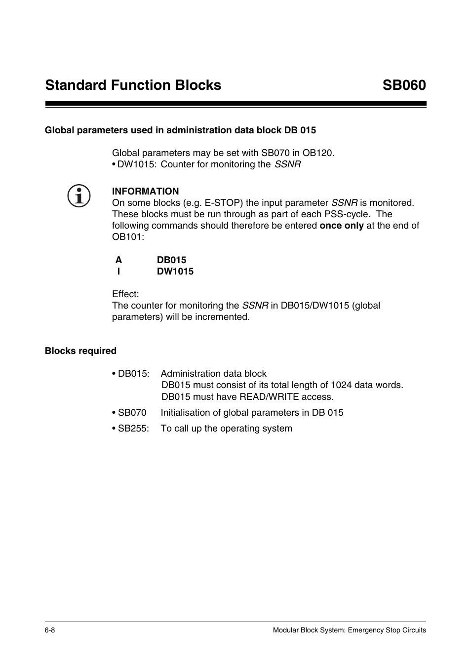 Blocks required, Standard function blocks, Sb060 | Pilz PSS SB NOT, Basic license User Manual | Page 50 / 112