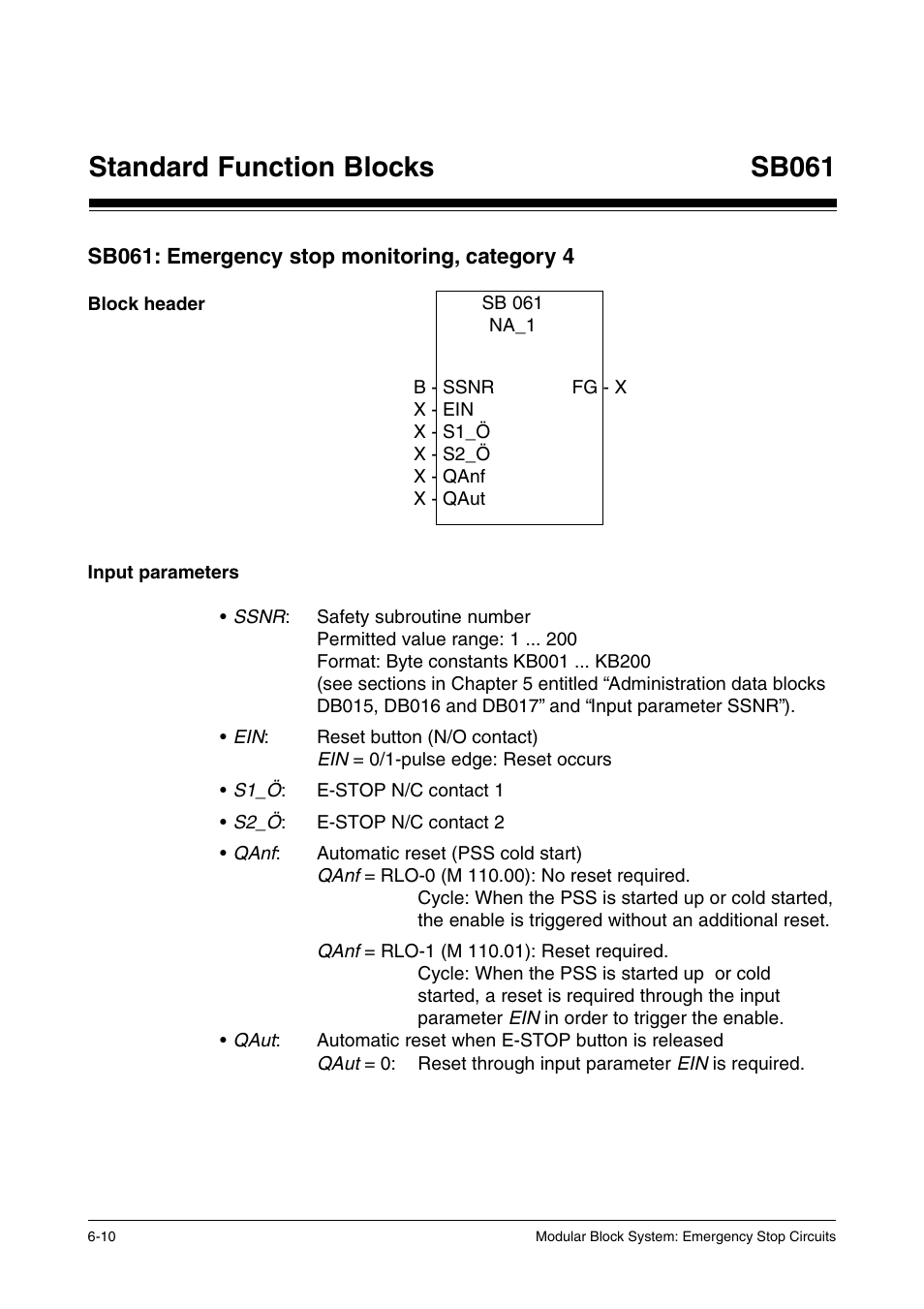 Sb061: emergency stop monitoring, category 4, Block header, Input parameters | Standard function blocks, Sb061 | Pilz PSS SB NOT, Basic license User Manual | Page 52 / 112