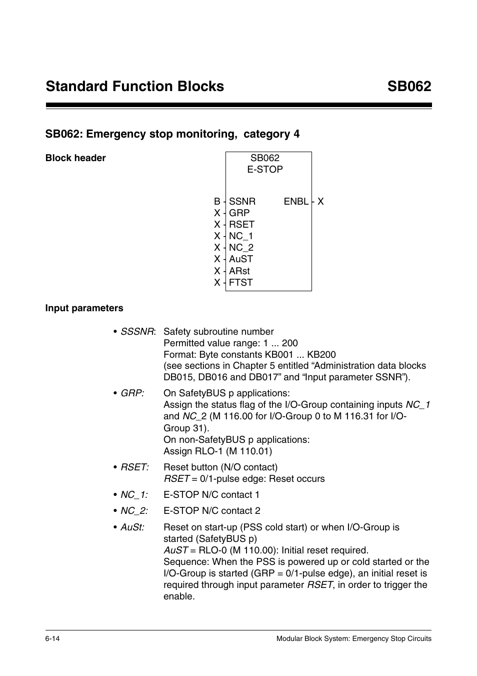 Sb062: emergency stop monitoring, category 4, Block header, Input parameters | Standard function blocks, Sb062 | Pilz PSS SB NOT, Basic license User Manual | Page 56 / 112