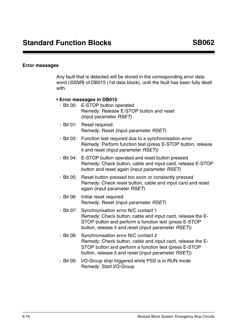 Error messages, Standard function blocks, Sb062 | Pilz PSS SB NOT, Basic license User Manual | Page 58 / 112
