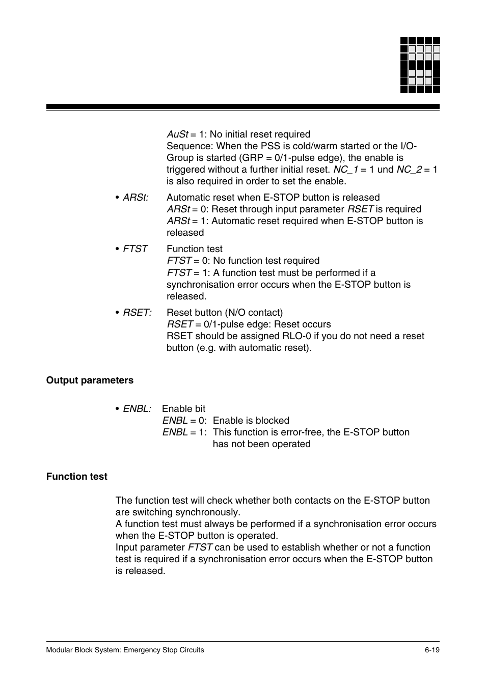 Output parameters, Function test | Pilz PSS SB NOT, Basic license User Manual | Page 61 / 112
