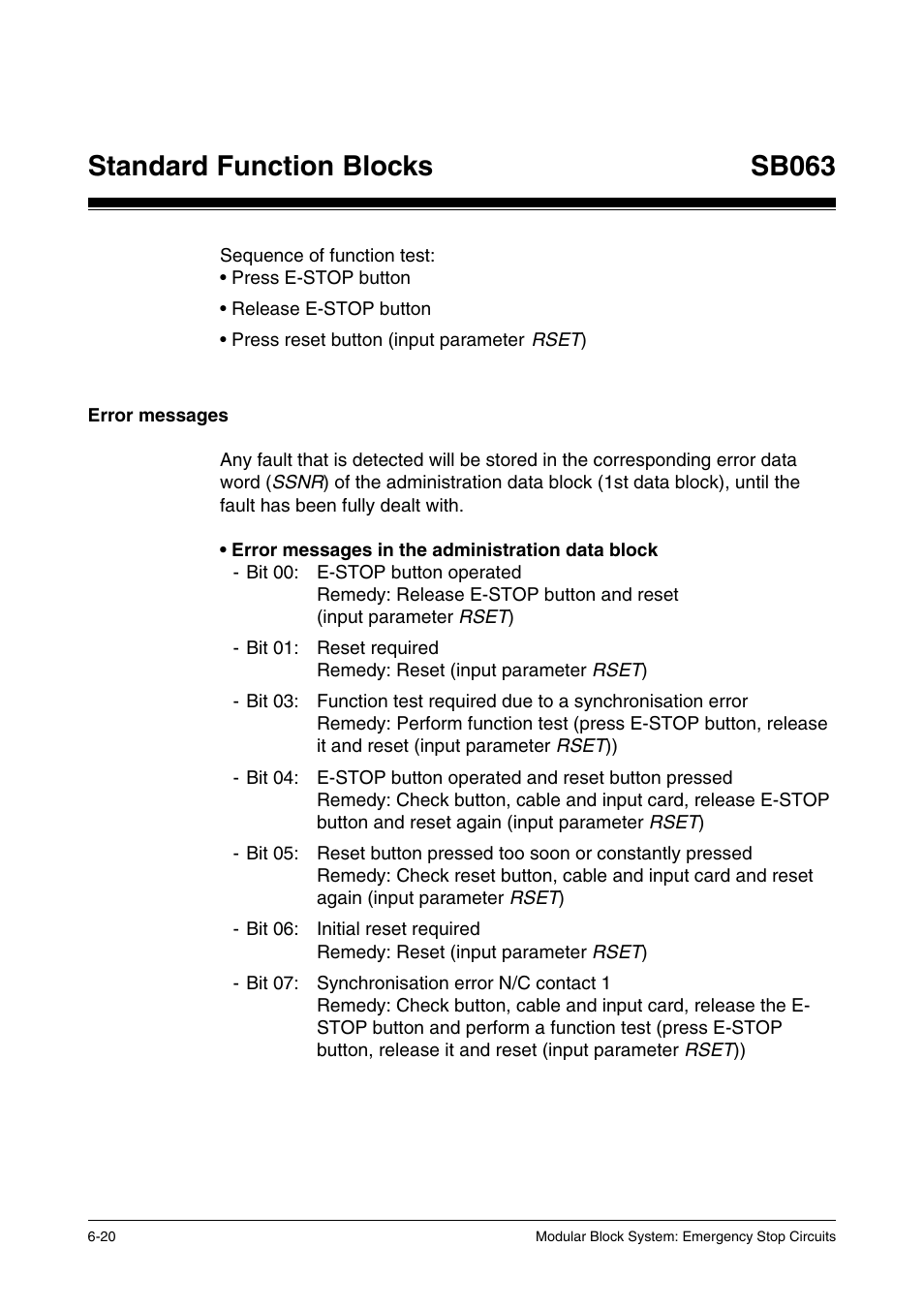 Error messages, Standard function blocks, Sb063 | Pilz PSS SB NOT, Basic license User Manual | Page 62 / 112