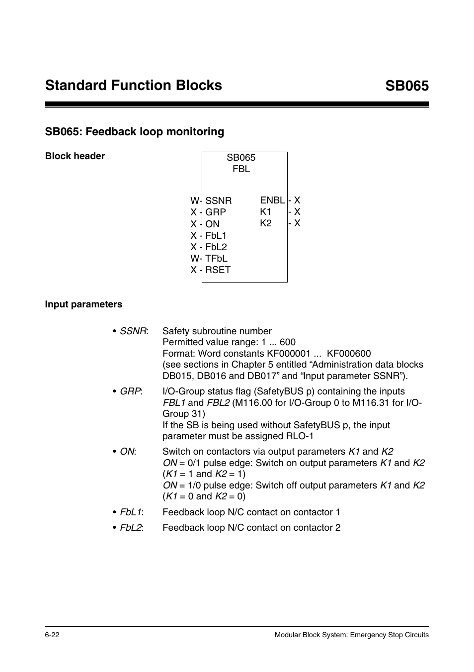 Sb065: feedback loop monitoring, Block header, Input parameters | Standard function blocks sb065 | Pilz PSS SB NOT, Basic license User Manual | Page 64 / 112