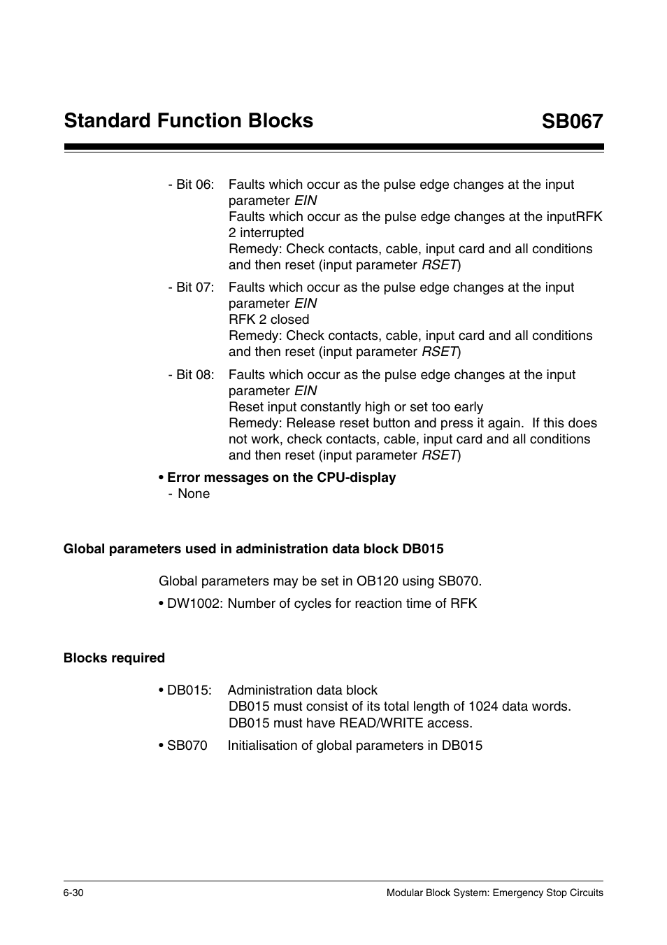 Blocks required, Standard function blocks, Sb067 | Pilz PSS SB NOT, Basic license User Manual | Page 72 / 112