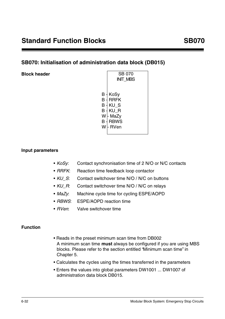 Block header, Input parameters, Function | Standard function blocks sb070 | Pilz PSS SB NOT, Basic license User Manual | Page 74 / 112