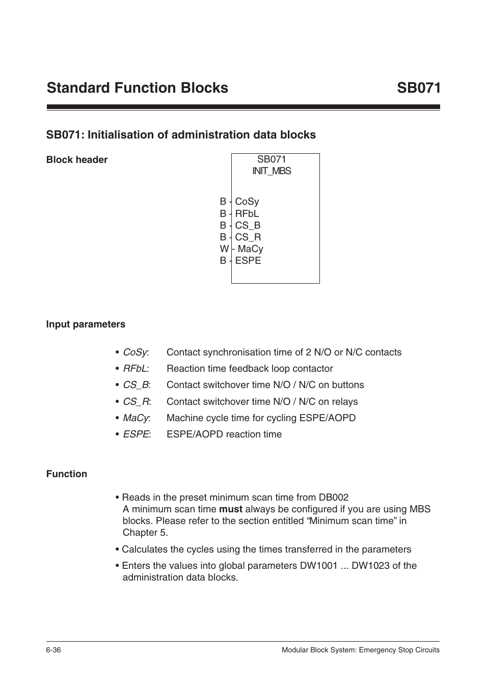 Block header, Input parameters, Function | Standard function blocks sb071 | Pilz PSS SB NOT, Basic license User Manual | Page 78 / 112
