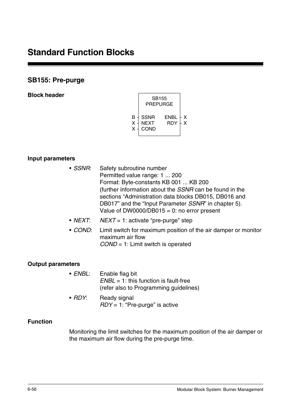 Sb155: pre-purge, Block header, Input parameters | Output parameters, Function, Standard function blocks | Pilz PSS SB FT, Basic license User Manual | Page 100 / 191