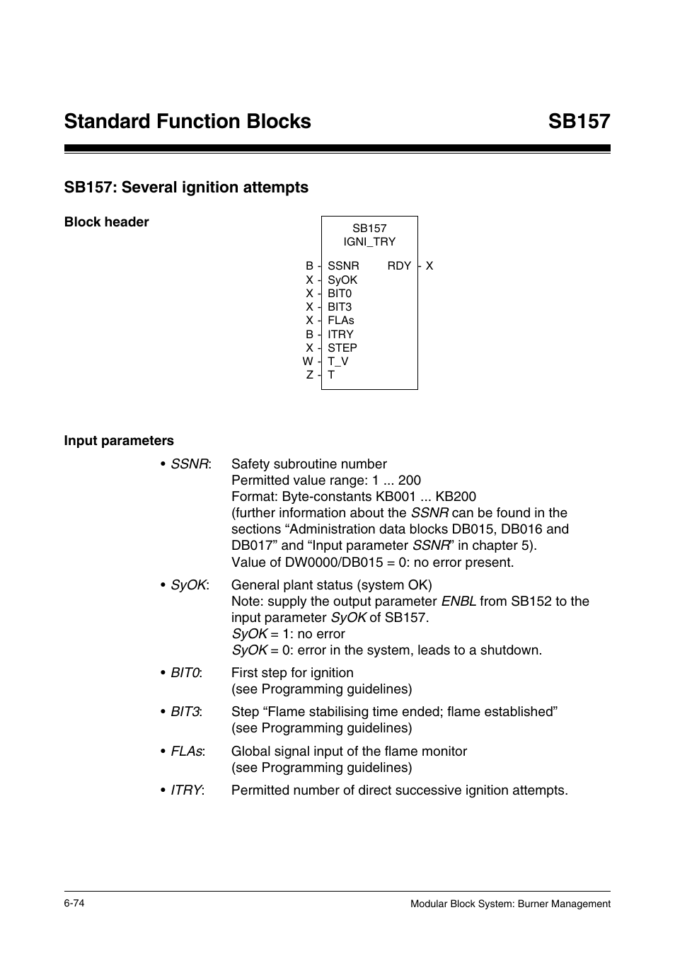 Sb157: several ignition attempts, Block header, Input parameters | Standard function blocks, Sb157 | Pilz PSS SB FT, Basic license User Manual | Page 118 / 191