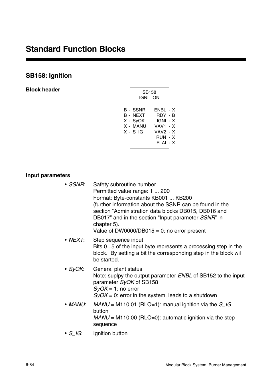 Sb158: ignition, Block header, Input parameters | Standard function blocks | Pilz PSS SB FT, Basic license User Manual | Page 128 / 191