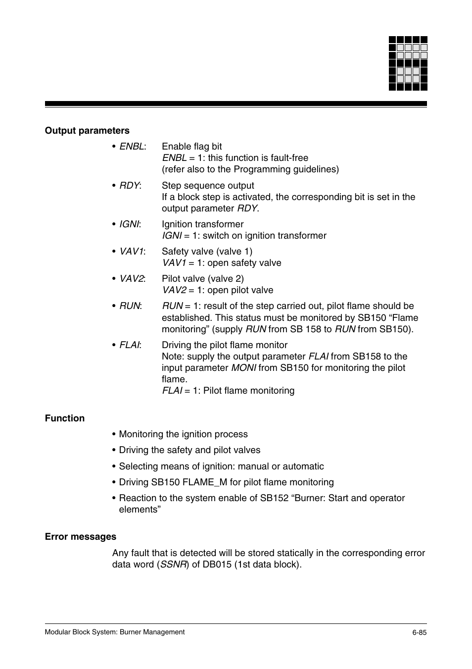 Output parameters, Function, Error messages | Pilz PSS SB FT, Basic license User Manual | Page 129 / 191