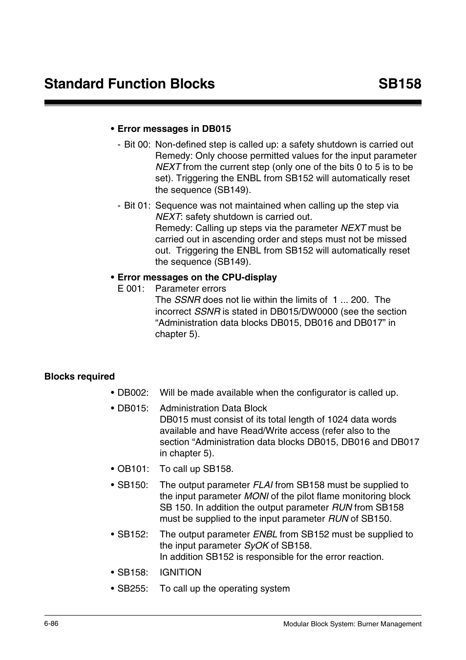 Blocks required, Standard function blocks, Sb158 | Pilz PSS SB FT, Basic license User Manual | Page 130 / 191