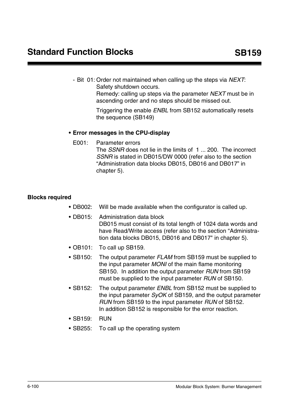 Blocks required, Standard function blocks, Sb159 | Pilz PSS SB FT, Basic license User Manual | Page 144 / 191