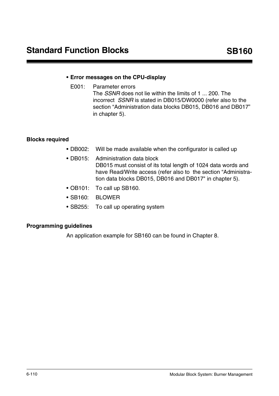Blocks required, Programming guidelines, Standard function blocks | Sb160 | Pilz PSS SB FT, Basic license User Manual | Page 154 / 191