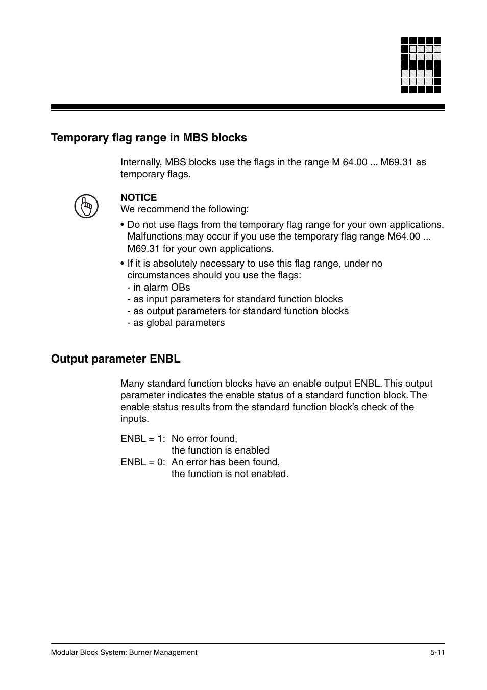 Temporary flag range in mbs blocks, Output parameter enbl | Pilz PSS SB FT, Basic license User Manual | Page 41 / 191