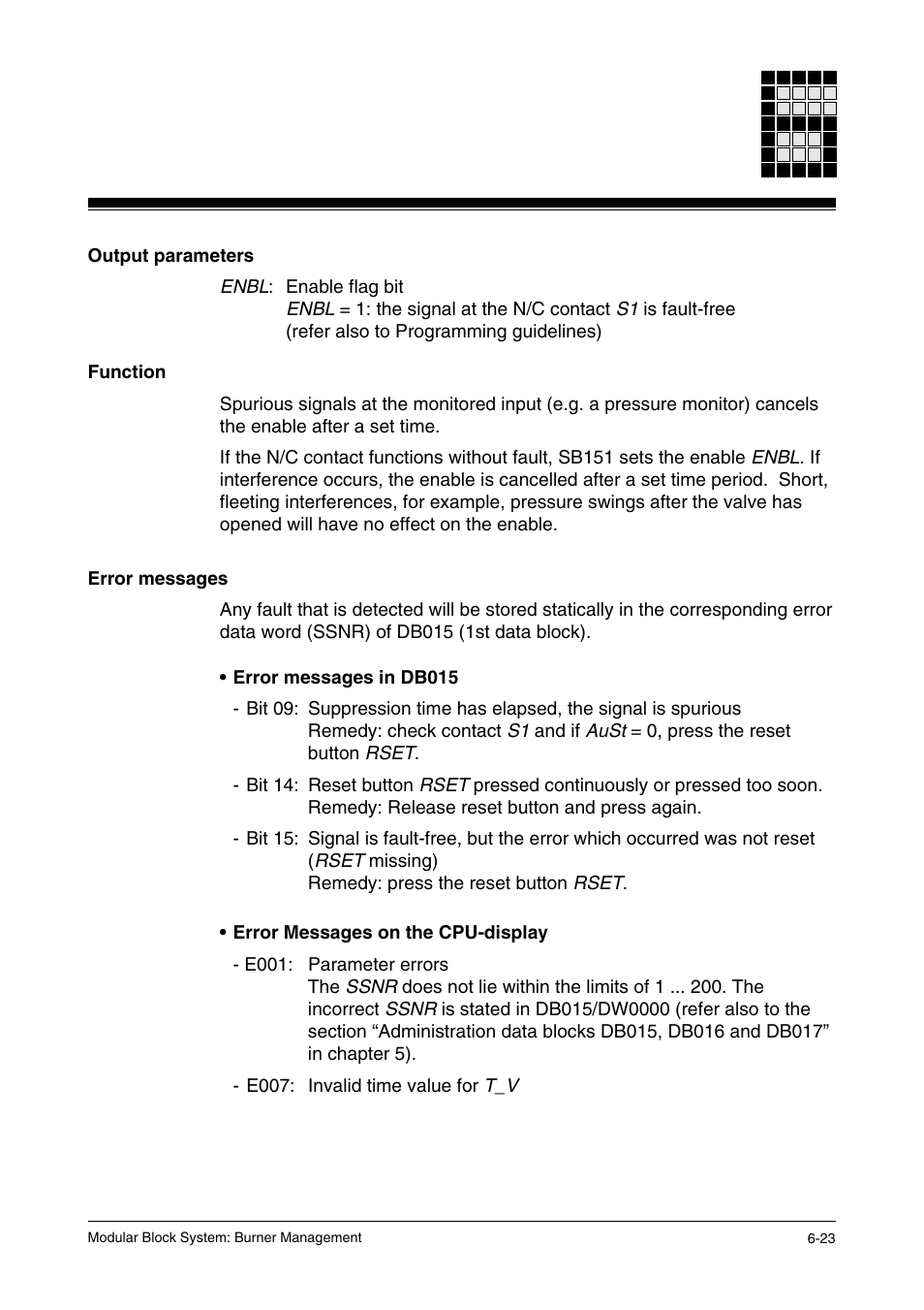 Output parameters, Function, Error messages | Pilz PSS SB FT, Basic license User Manual | Page 67 / 191