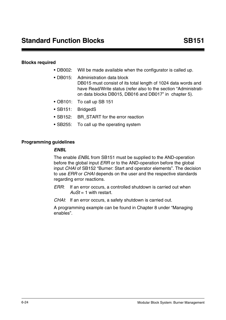 Blocks required, Programming guidelines, Standard function blocks | Sb151 | Pilz PSS SB FT, Basic license User Manual | Page 68 / 191