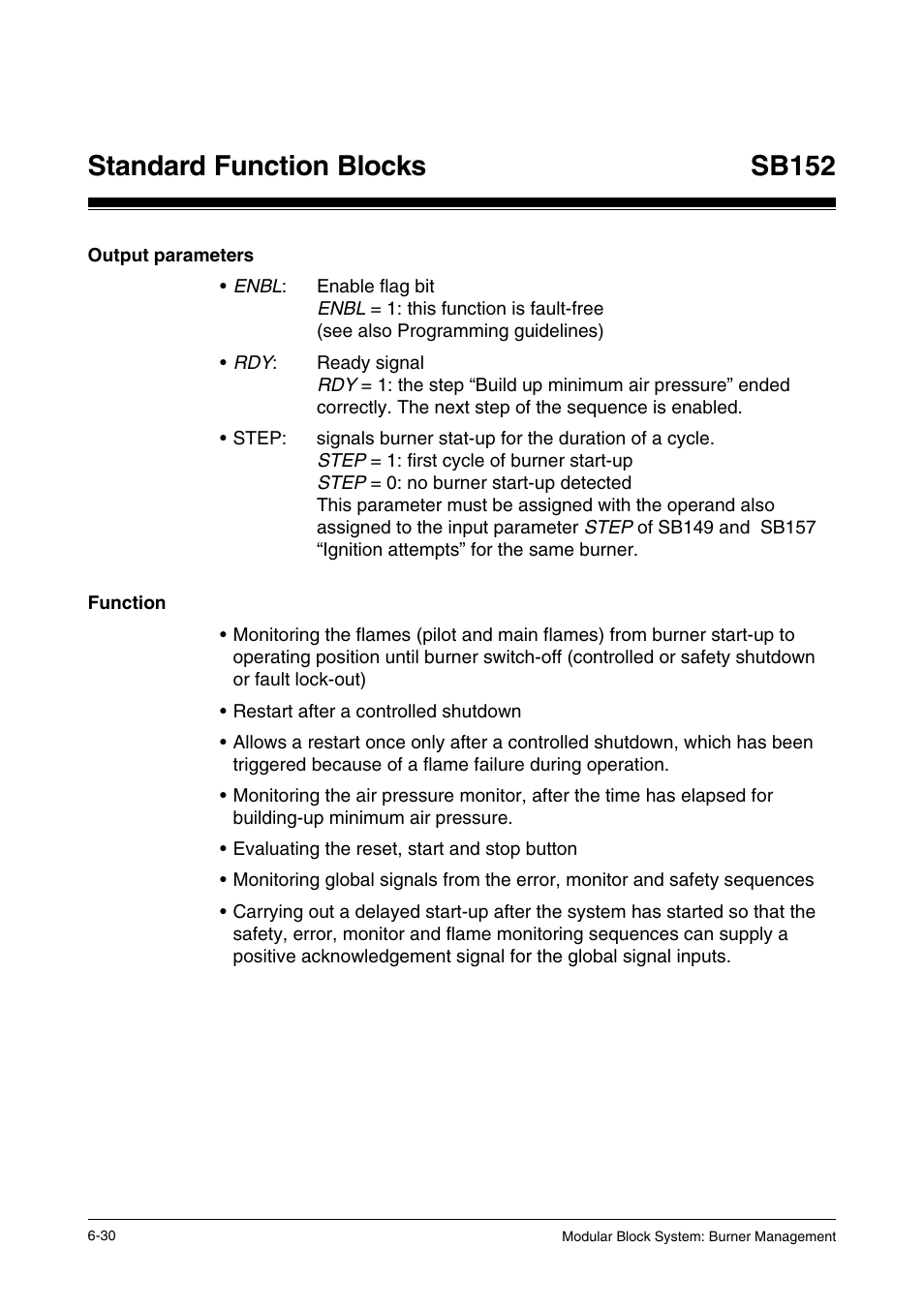Output parameters, Function, Standard function blocks | Sb152 | Pilz PSS SB FT, Basic license User Manual | Page 74 / 191