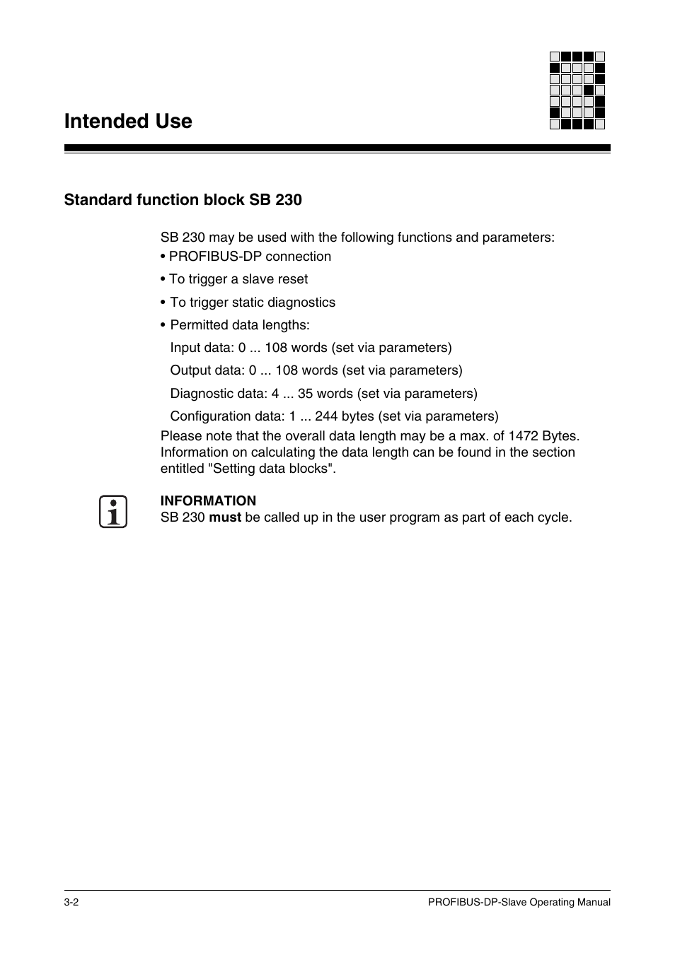 Standard function block sb 230, Intended use | Pilz ST SB DP S, SW paket PROFIBUS-DP User Manual | Page 12 / 43