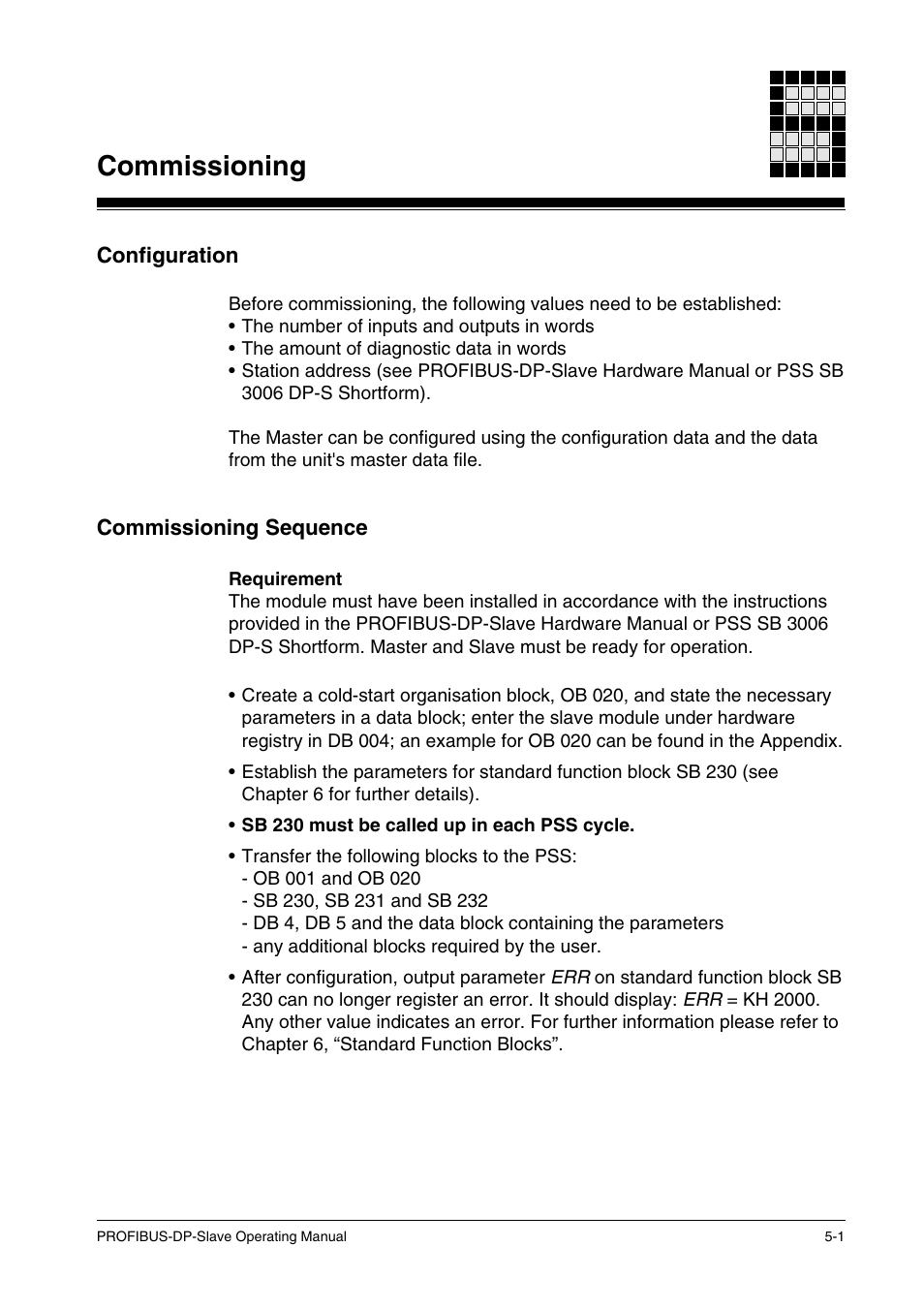 Commissioning, Configuration, Commissioning sequence | Pilz ST SB DP S, SW paket PROFIBUS-DP User Manual | Page 31 / 43