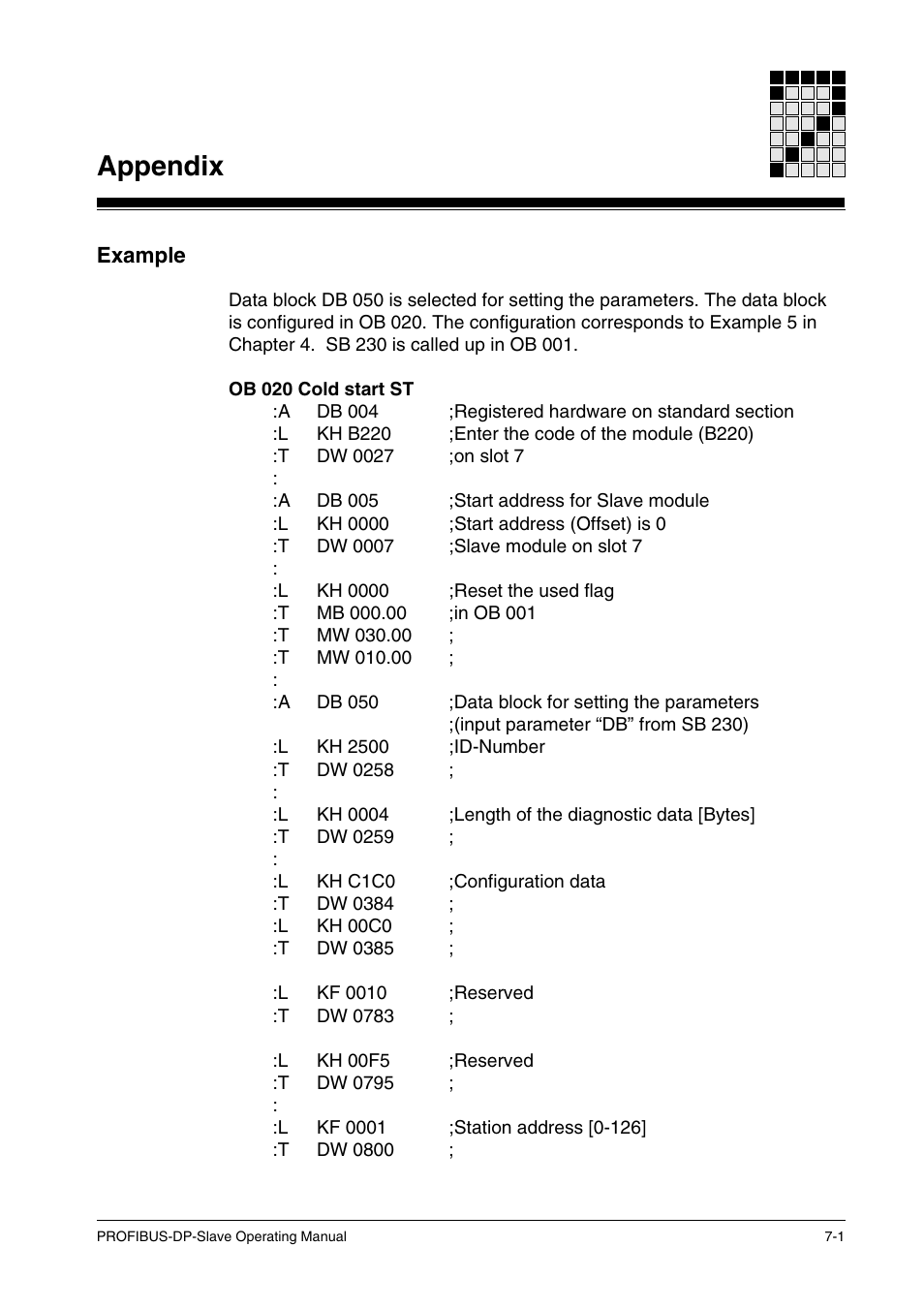 Appendix, Example | Pilz ST SB DP S, SW paket PROFIBUS-DP User Manual | Page 37 / 43