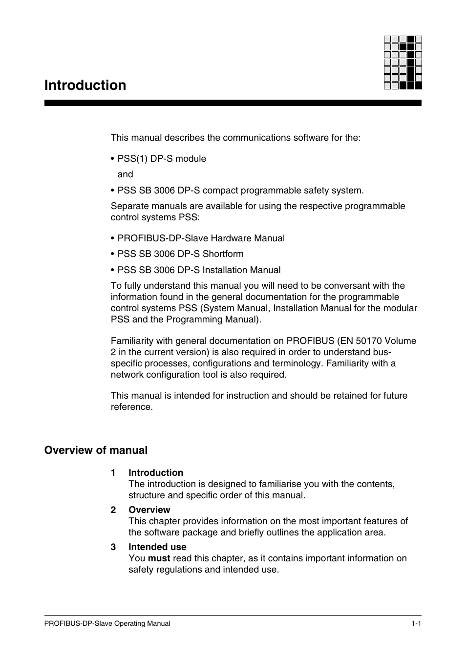 Introduction, Overview of manual | Pilz ST SB DP S, SW paket PROFIBUS-DP User Manual | Page 5 / 43