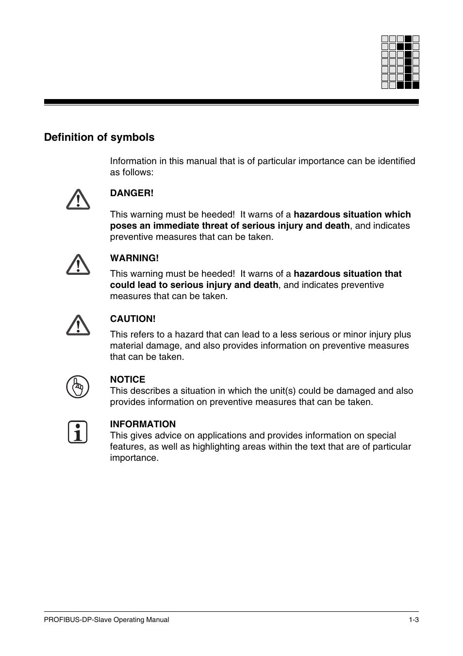 Definition of symbols | Pilz ST SB DP S, SW paket PROFIBUS-DP User Manual | Page 7 / 43