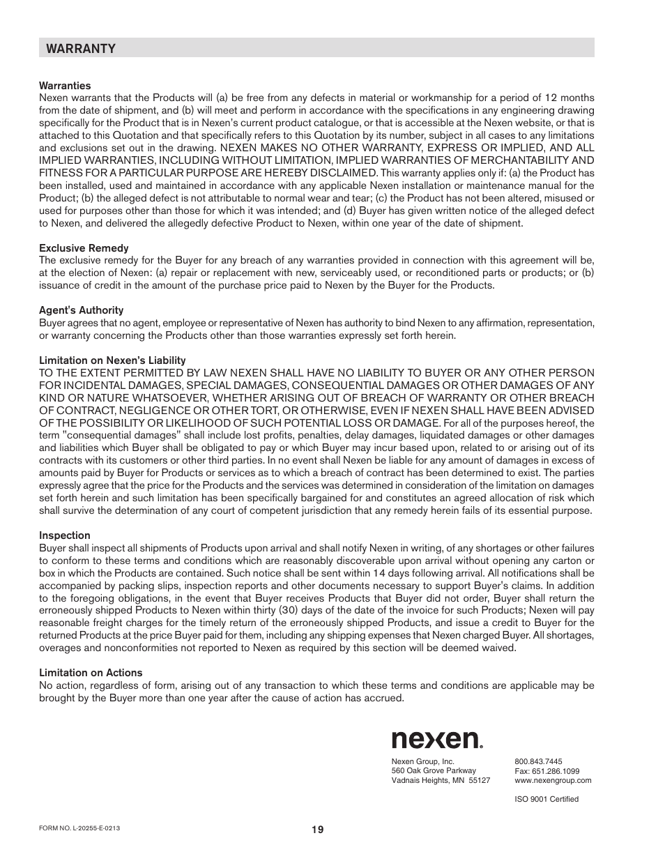 Warranty | Nexen 5H45PSE 910225 User Manual | Page 19 / 19