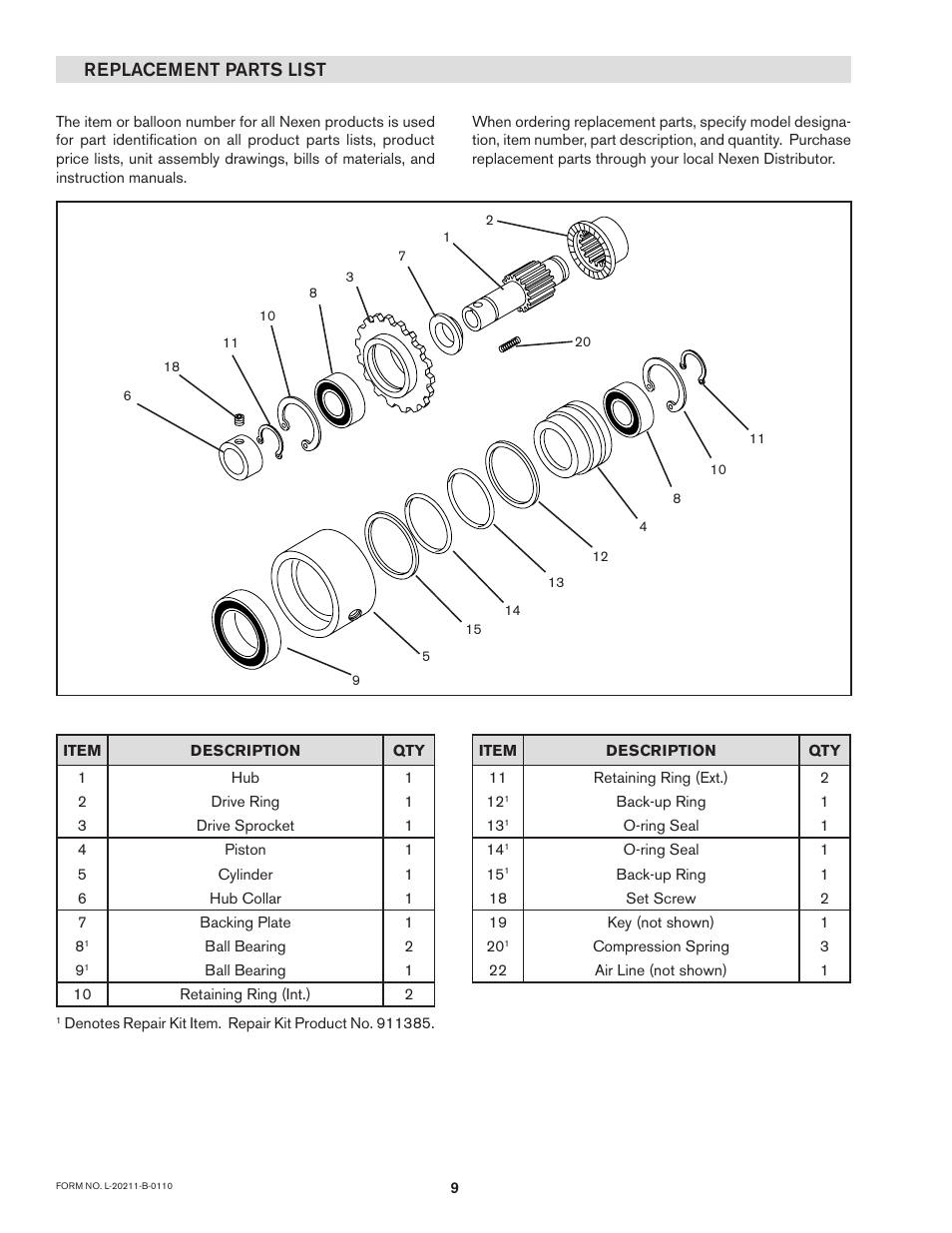 Replacement parts list | Nexen 5H20S/4 911394 User Manual | Page 12 / 13