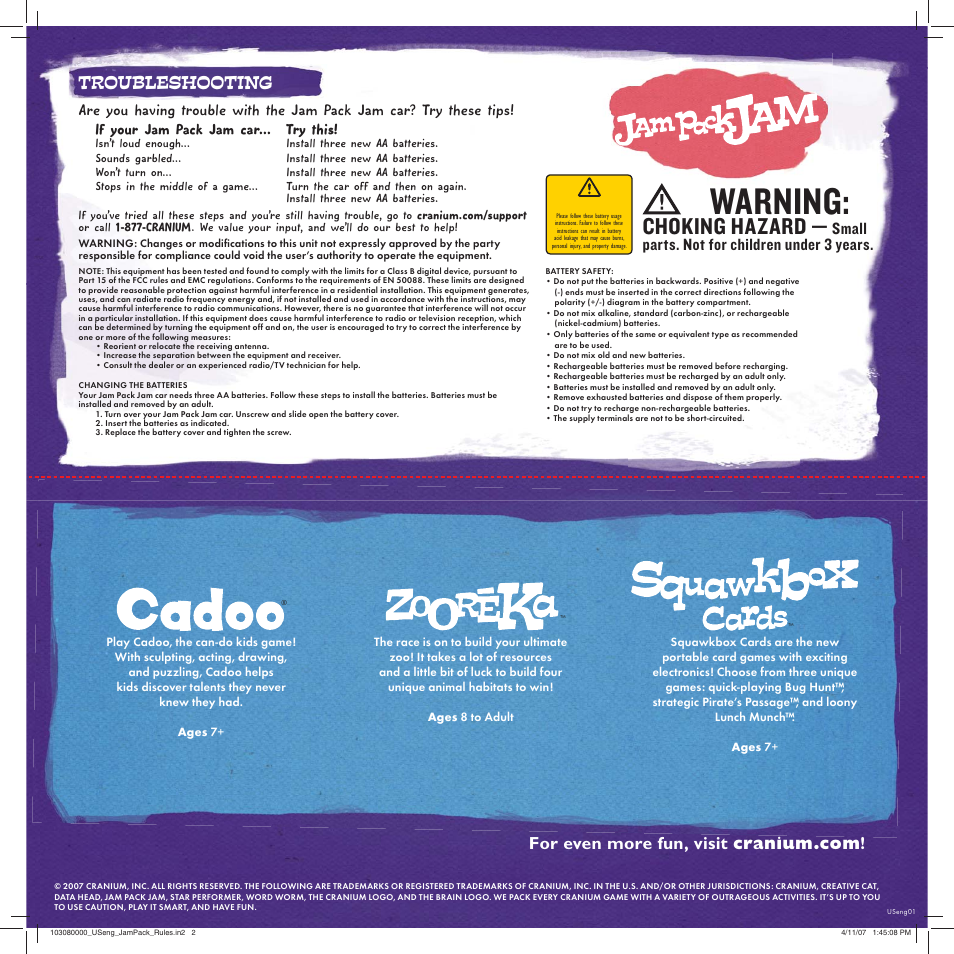 Warning, Choking hazard, Troubleshooting | Small parts. not for children under 3 years, If your jam pack jam car... try this | Cranium Jam Pack Jam none User Manual | Page 2 / 2