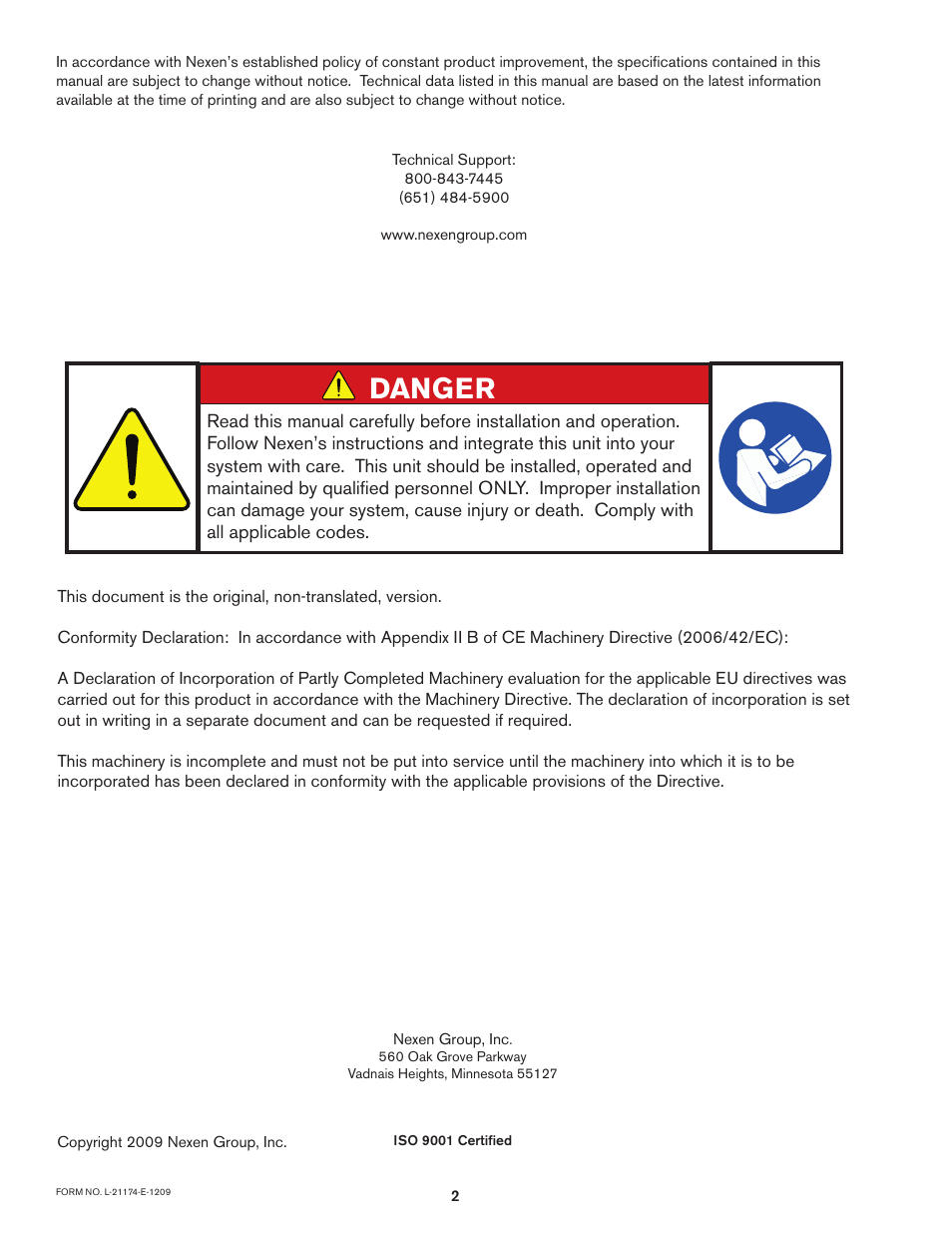 Danger | Nexen TL50A/4-E 803017 User Manual | Page 2 / 18