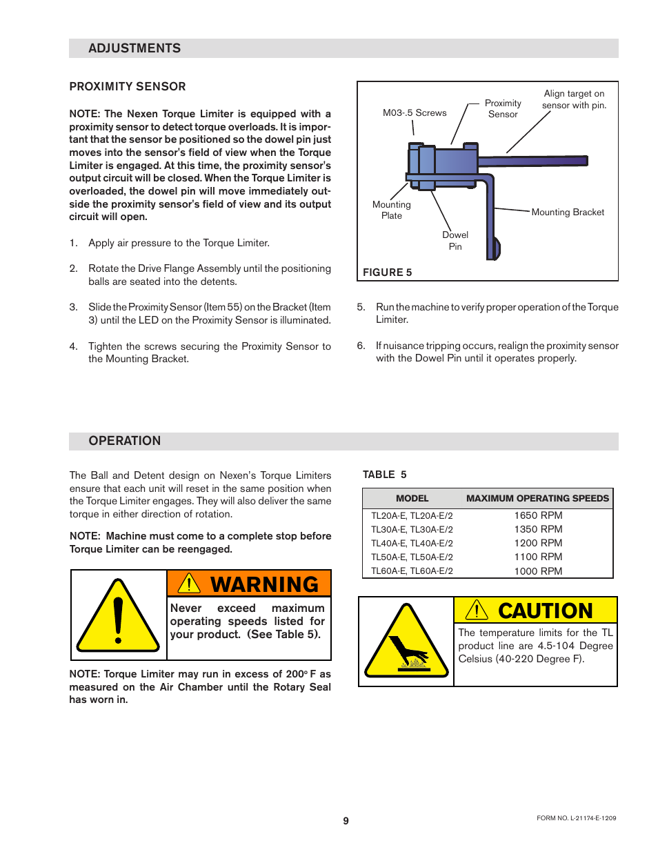 Caution, Warning, Operation | Adjustments | Nexen TL50A/4-E 803017 User Manual | Page 9 / 18