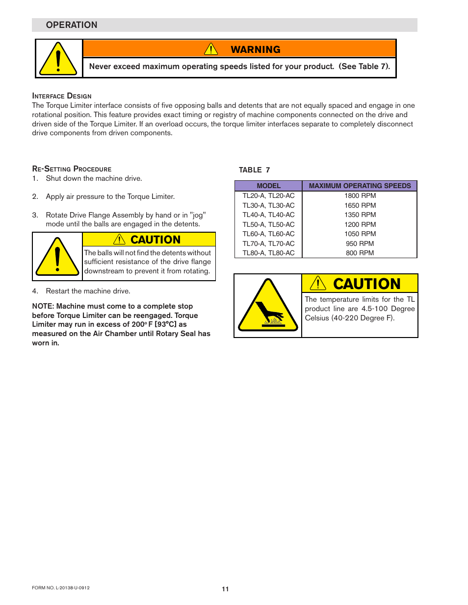 Caution, Warning, Operation | Nexen TL60-A 951243 User Manual | Page 11 / 19