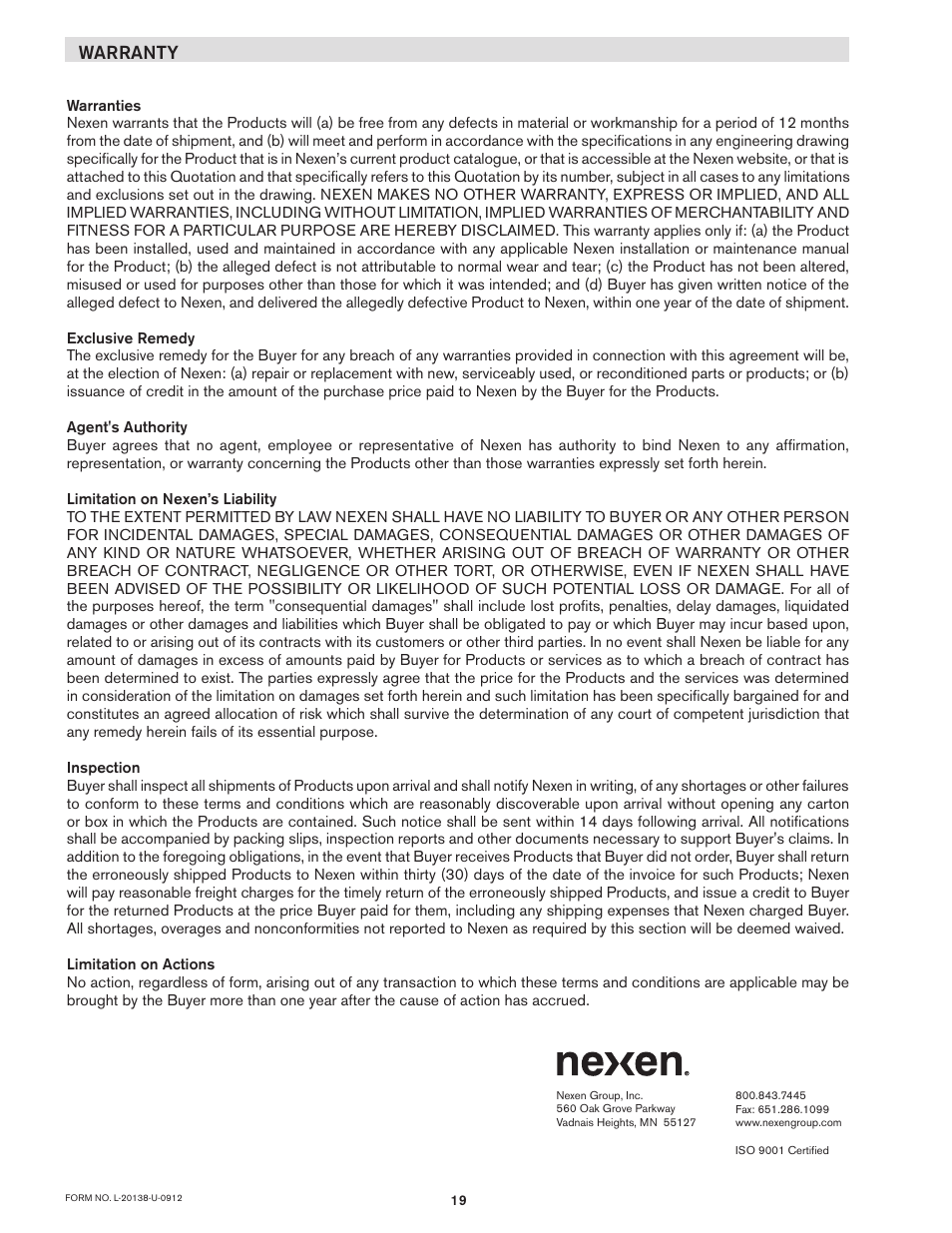 Nexen TL60-A 951243 User Manual | Page 19 / 19