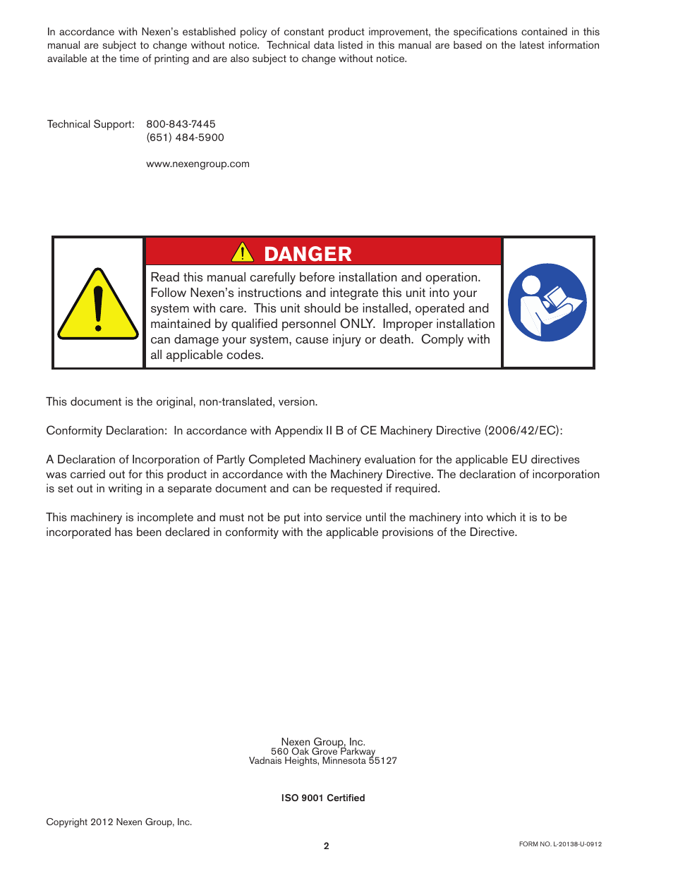 Danger | Nexen TL60-A 951243 User Manual | Page 2 / 19