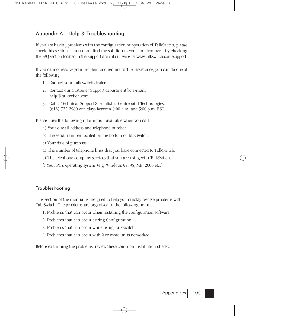 A: help & troubleshooting | Talkswitch 48-CVA User Manual | Page 112 / 148