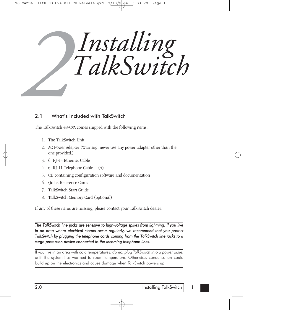 Chapter 2: installing talkswitch, Installing talkswitch | Talkswitch 48-CVA User Manual | Page 12 / 148