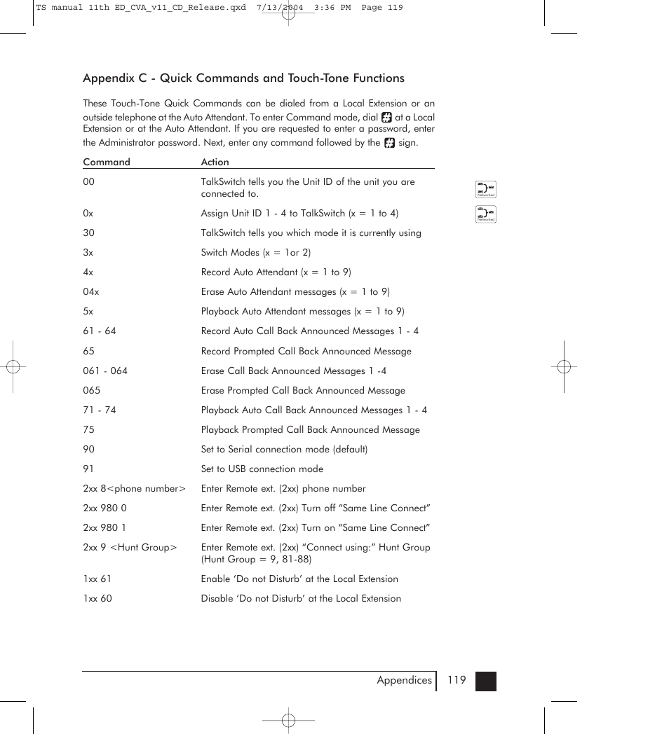 C: quick commands and touch-tone functions | Talkswitch 48-CVA User Manual | Page 124 / 148