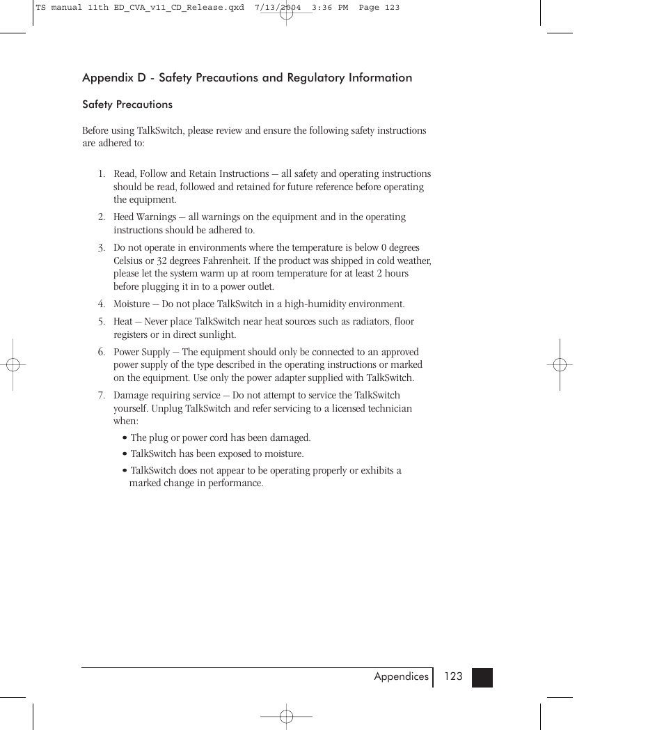 D: safety precautions and regulatory information | Talkswitch 48-CVA User Manual | Page 128 / 148