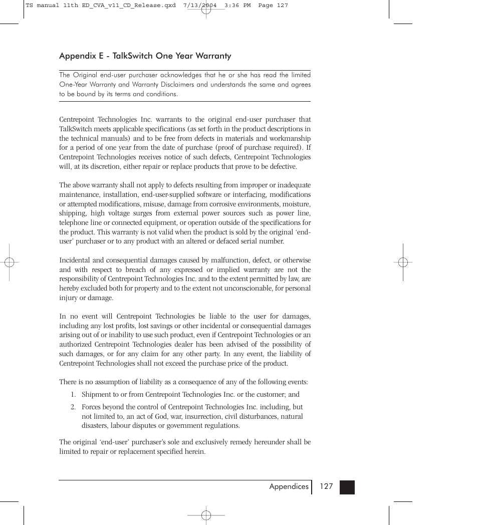 E: talkswitch one year warranty | Talkswitch 48-CVA User Manual | Page 132 / 148