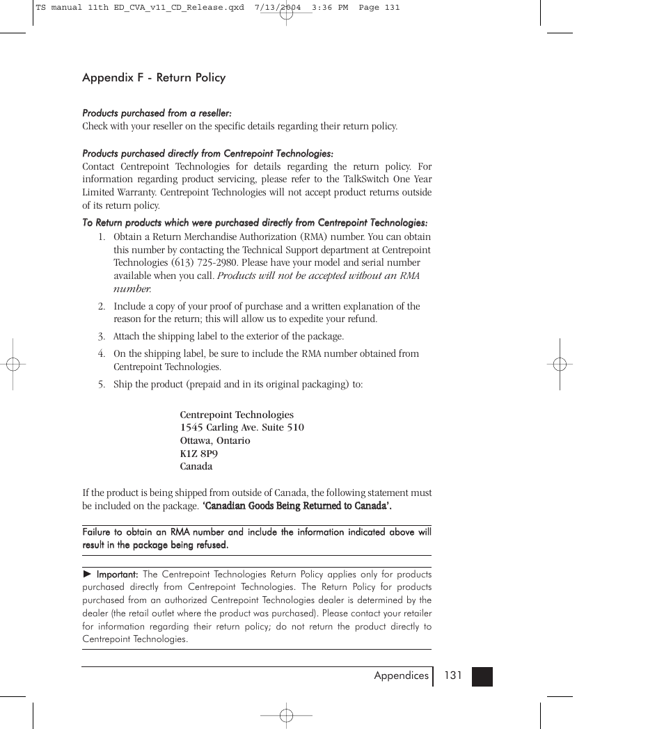 F: return policy | Talkswitch 48-CVA User Manual | Page 135 / 148