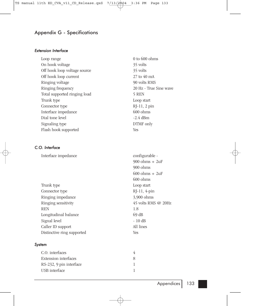 G: specifications | Talkswitch 48-CVA User Manual | Page 136 / 148