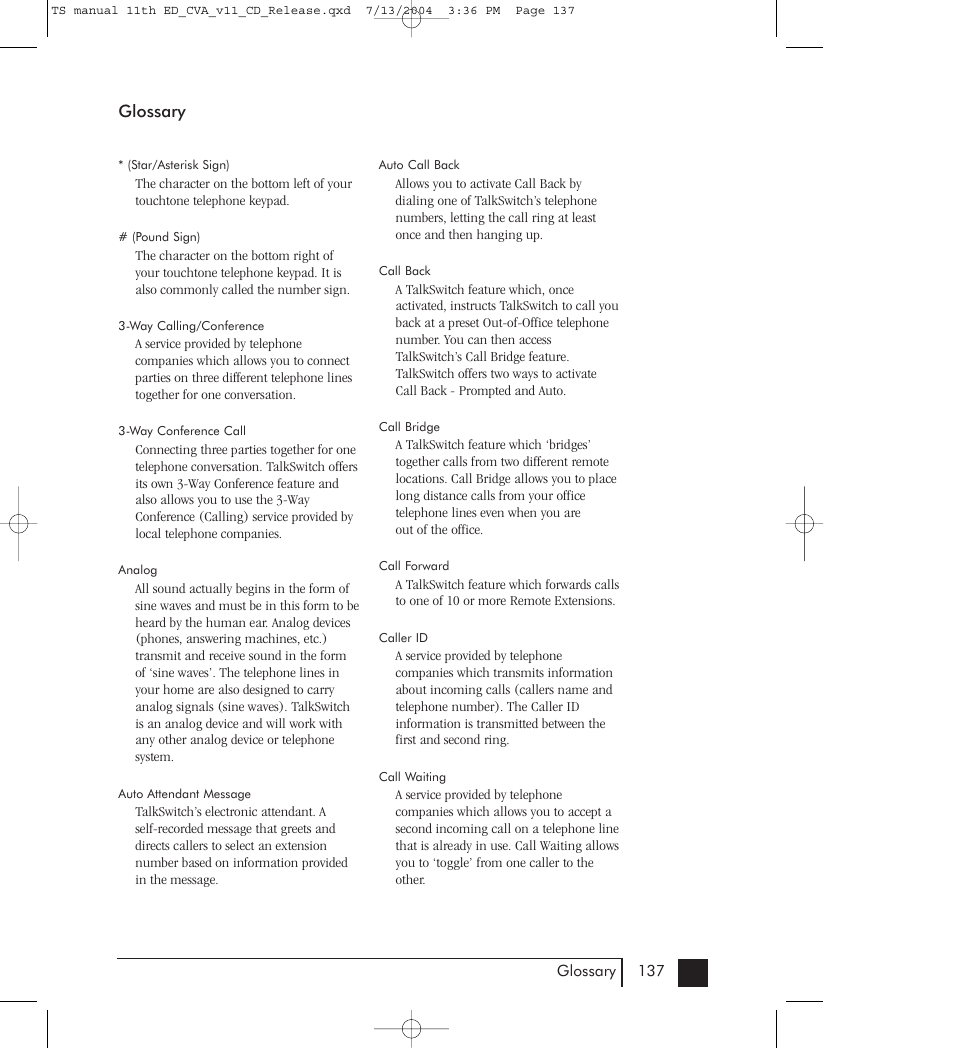 Glossary | Talkswitch 48-CVA User Manual | Page 139 / 148