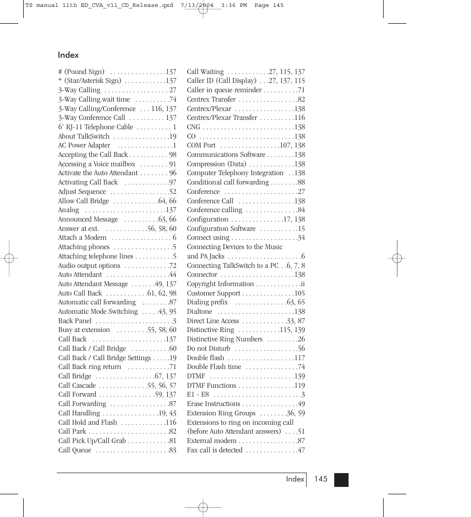 Index | Talkswitch 48-CVA User Manual | Page 146 / 148