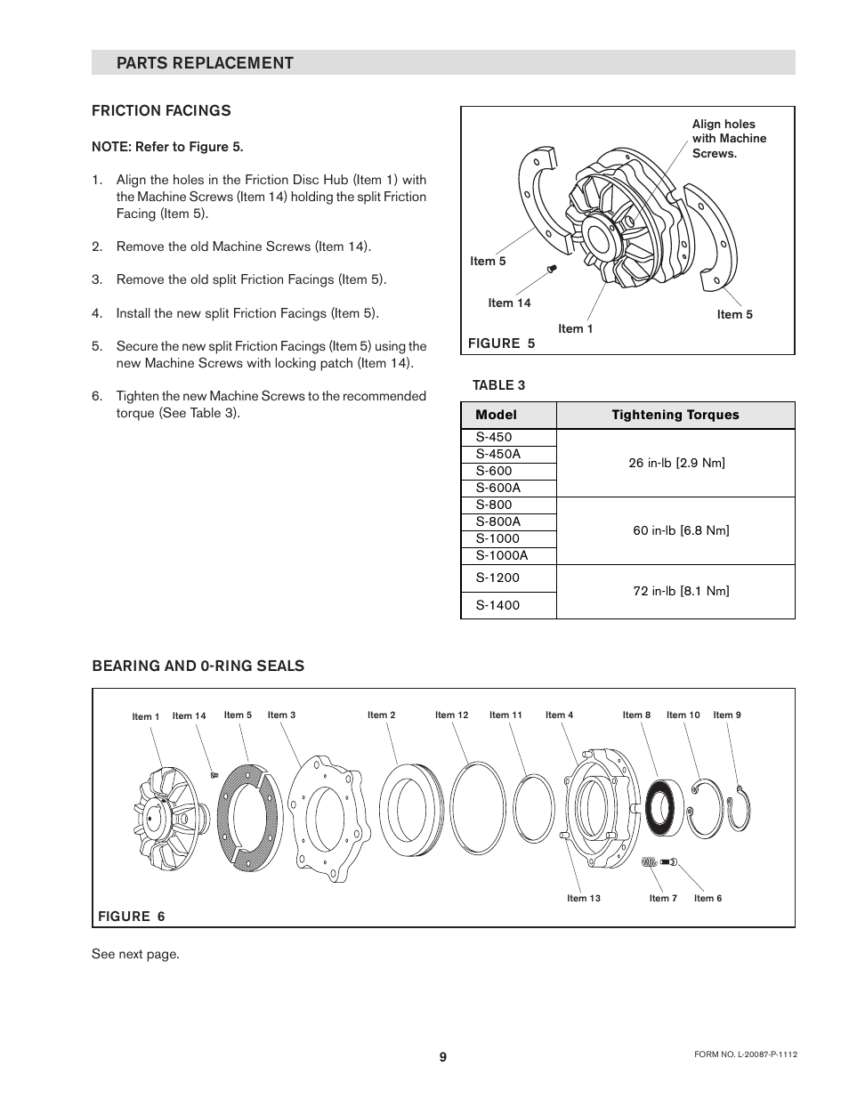 Parts replacement, Friction facings, Bearing and 0-ring seals | Nexen S-450 827801 User Manual | Page 9 / 14