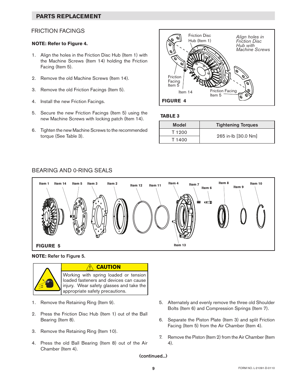 Parts replacement friction facings, Bearing and 0-ring seals | Nexen S-1200 822517 User Manual | Page 9 / 13