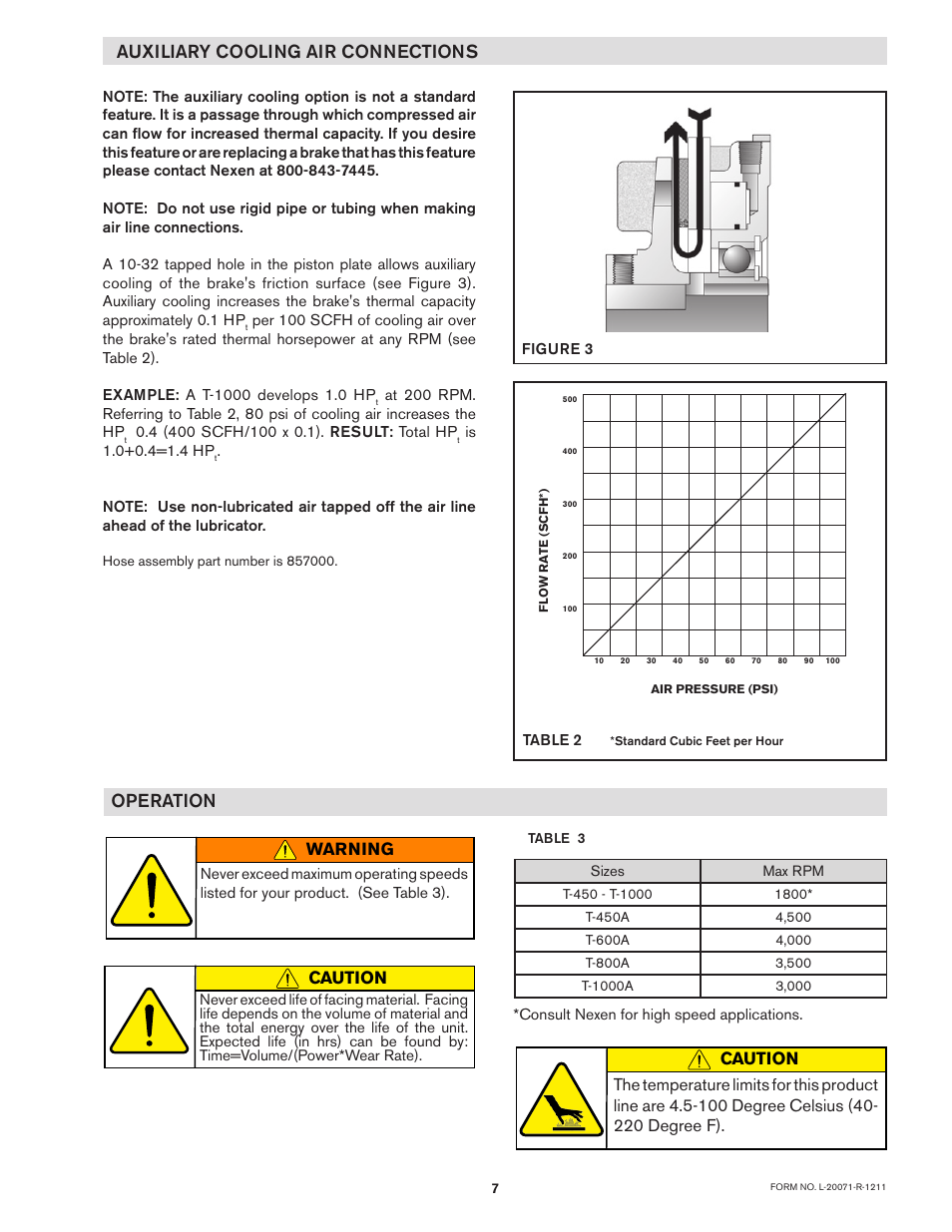 Auxiliary cooling air connections, Operation, Warning | Caution | Nexen T-450 819001 User Manual | Page 7 / 13