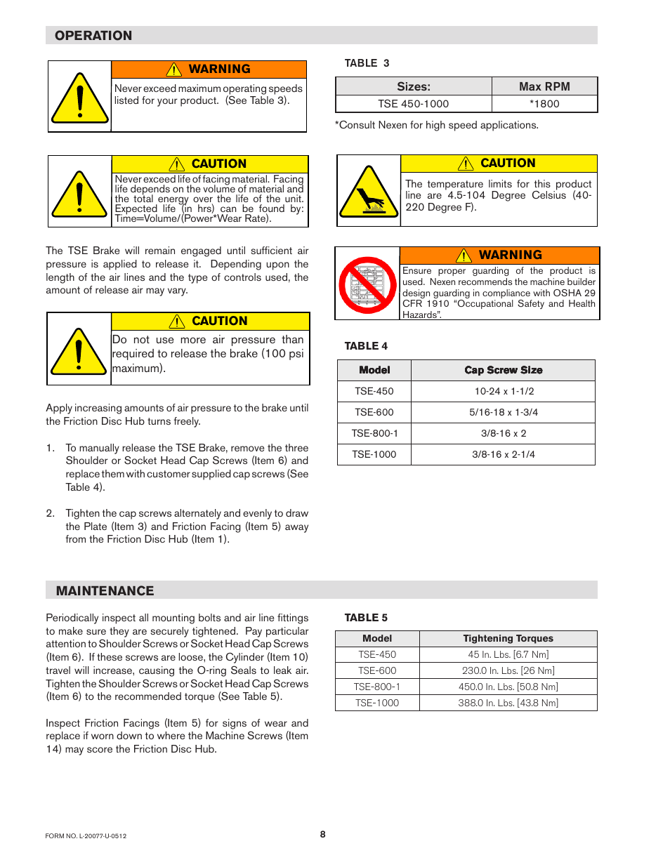 Maintenance, Operation | Nexen TSE-450 818862 User Manual | Page 8 / 14